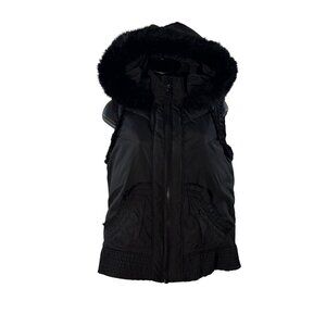Betsey Johnson Black Hooded Vest W/ Faux Fur Trim & Floral Lining Size S